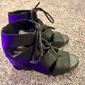 Black Leather Sorel Wedge Sandals